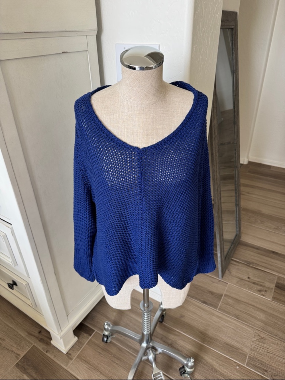 Wooden Ships XS Maui Chunky V Cotton Open-Knit Marlin Blue Sweater